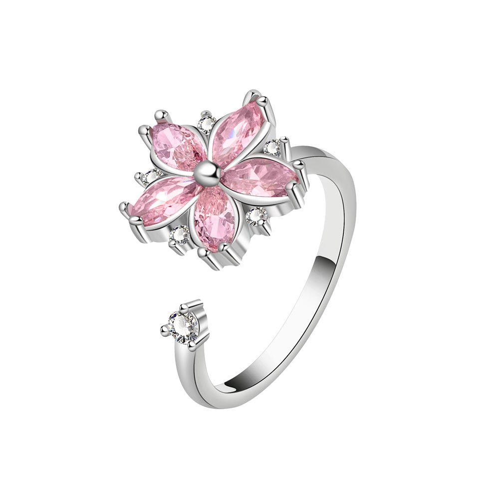 Romantic floral zircon ring with light luxury and niche design, pink floral Women's ring