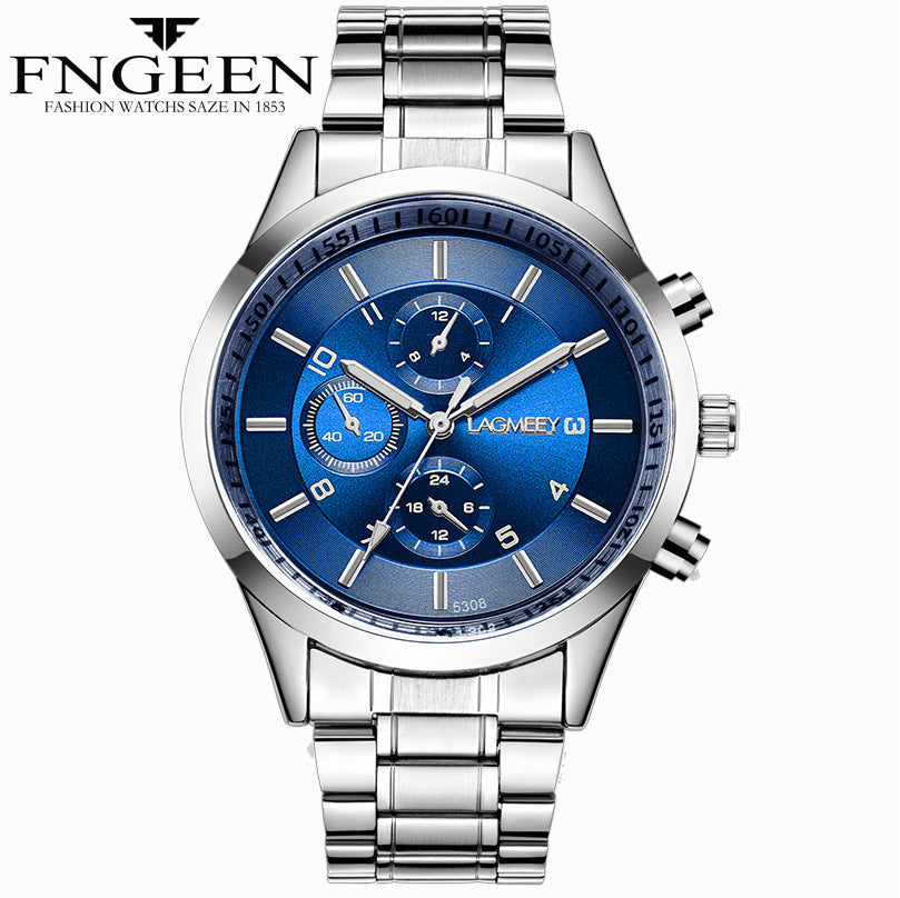Men's black steel belt sports luminous waterproof explosion three eyes watch