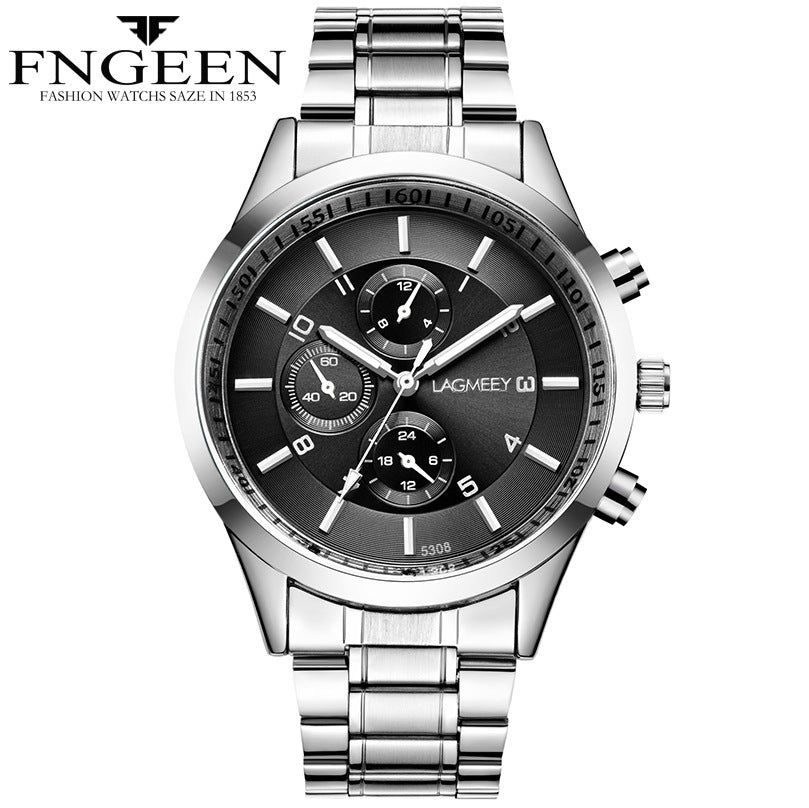 Men's black steel belt sports luminous waterproof explosion three eyes watch