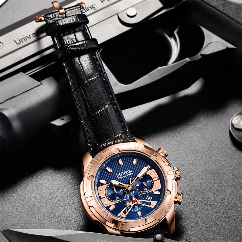 Men's Quartz Watch Waterproof Multifunctional Chronograph Luminous Leather Watch