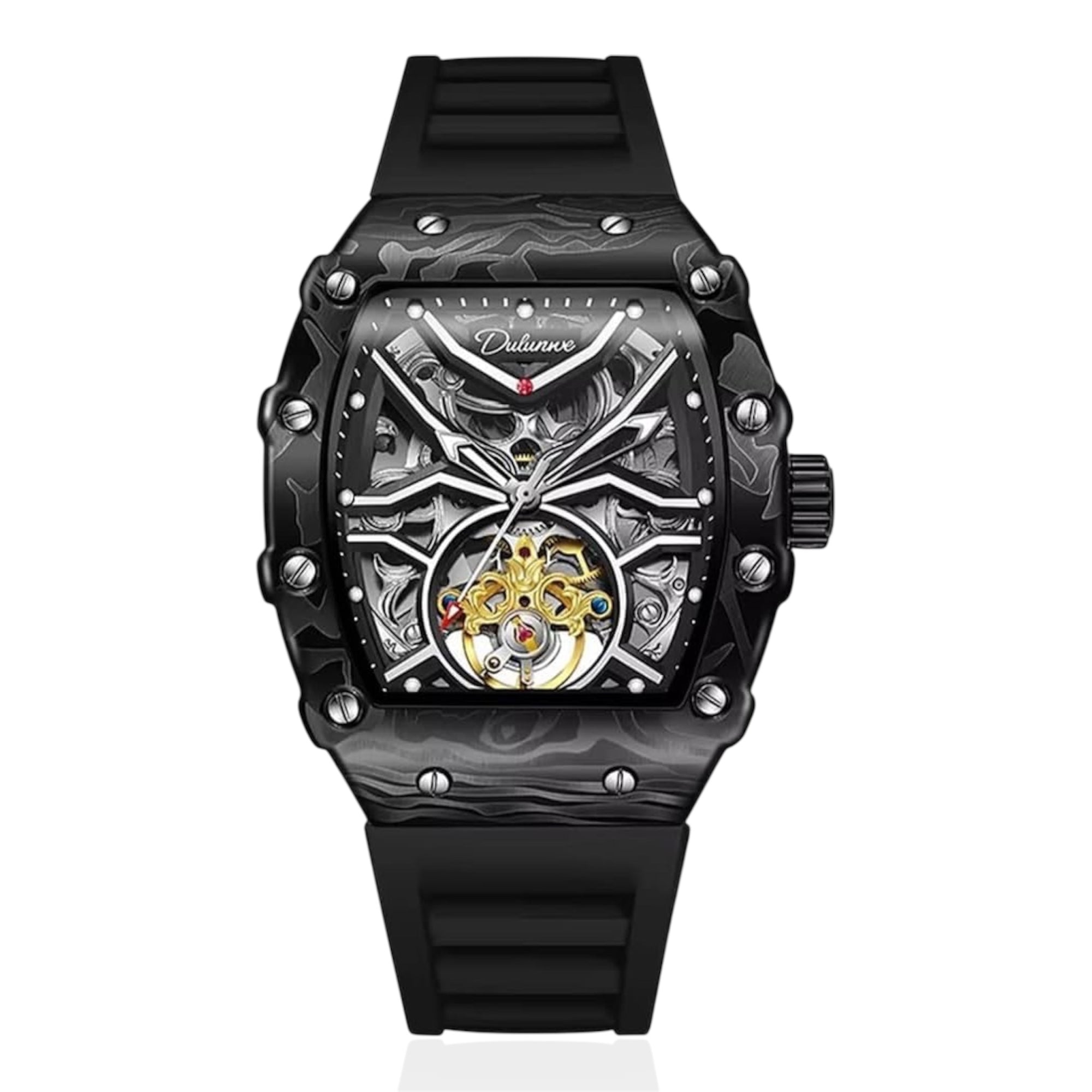 Dulunwe Fashion Skeleton Flywheel Sports Watches For Men Automatic Mechanical Watch Luxury Luminous WristWatch