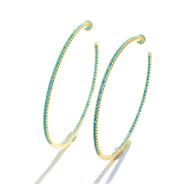 Circle C-shaped slightly inlaid with turquoise large earrings S925 silver needle turquoise large earrings