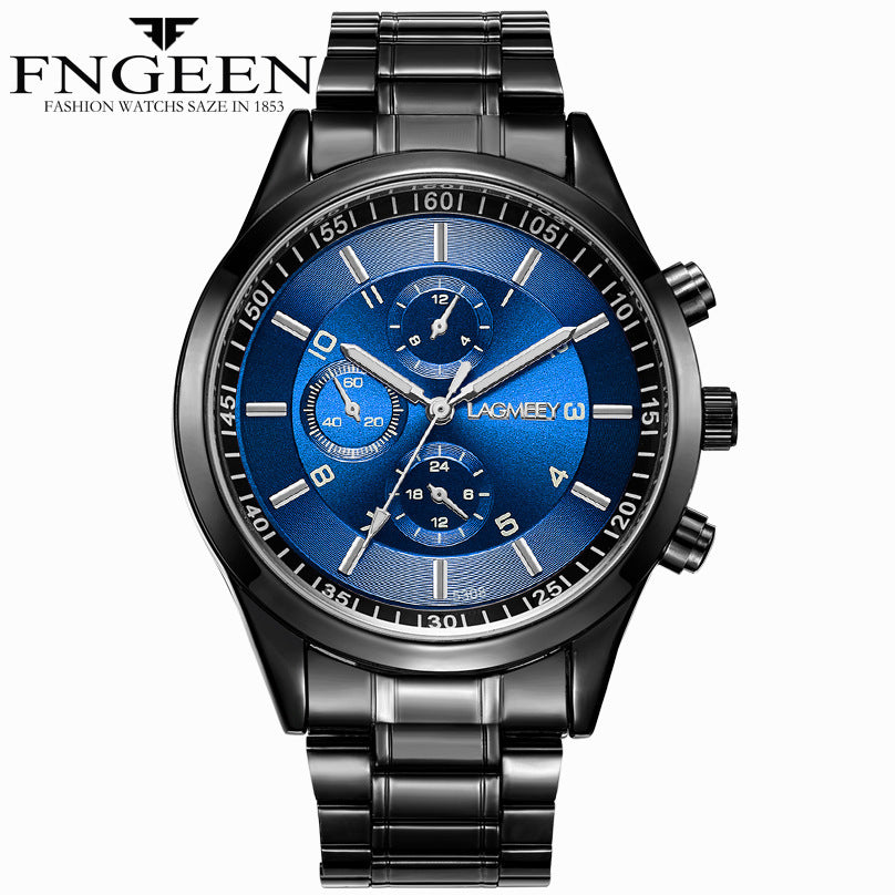 Men's black steel belt sports luminous waterproof explosion three eyes watch