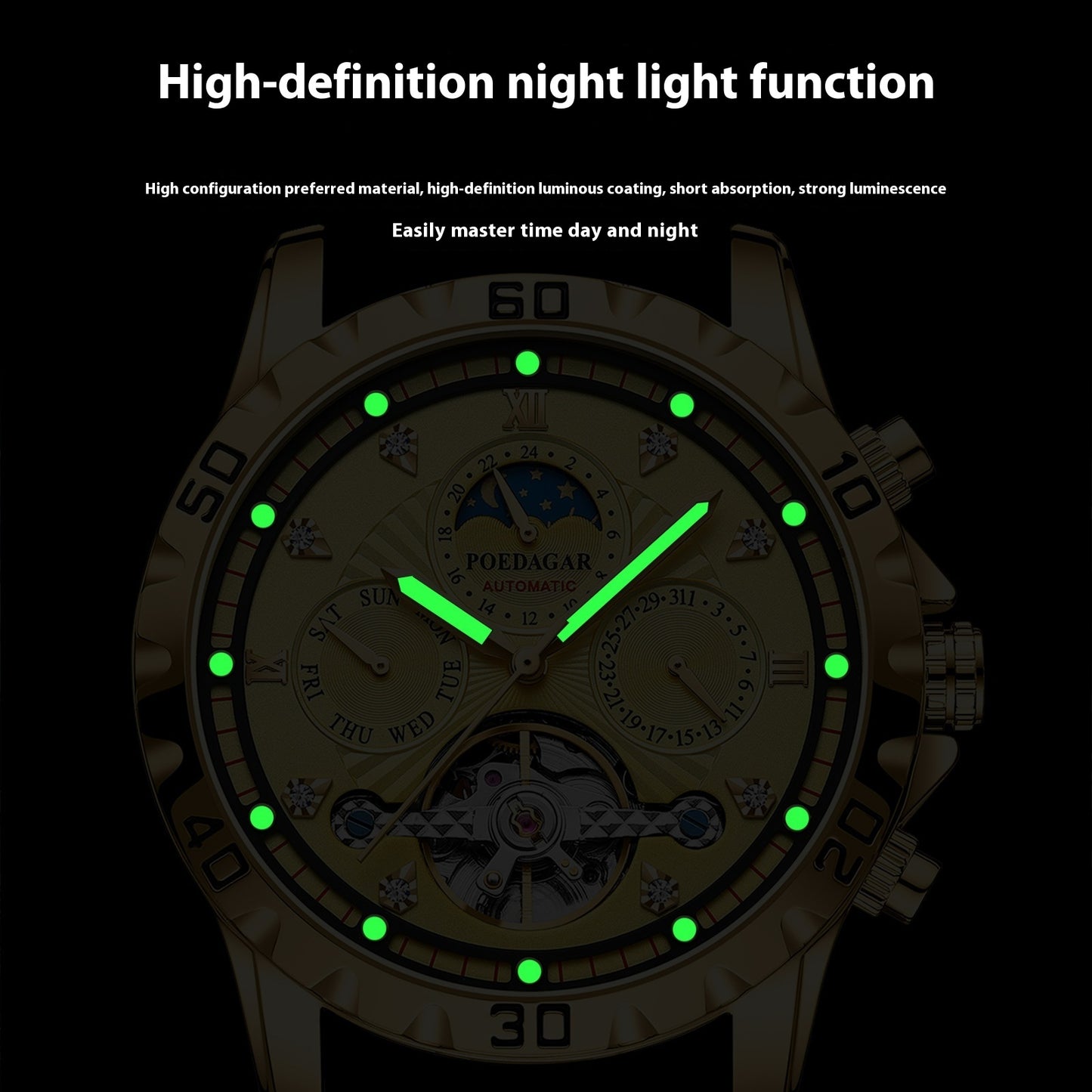 POEDAGAR Luxury Automatic Mechanical Watch Tourbillon Waterproof Luminous Stainless Steel Men's Wristwatch