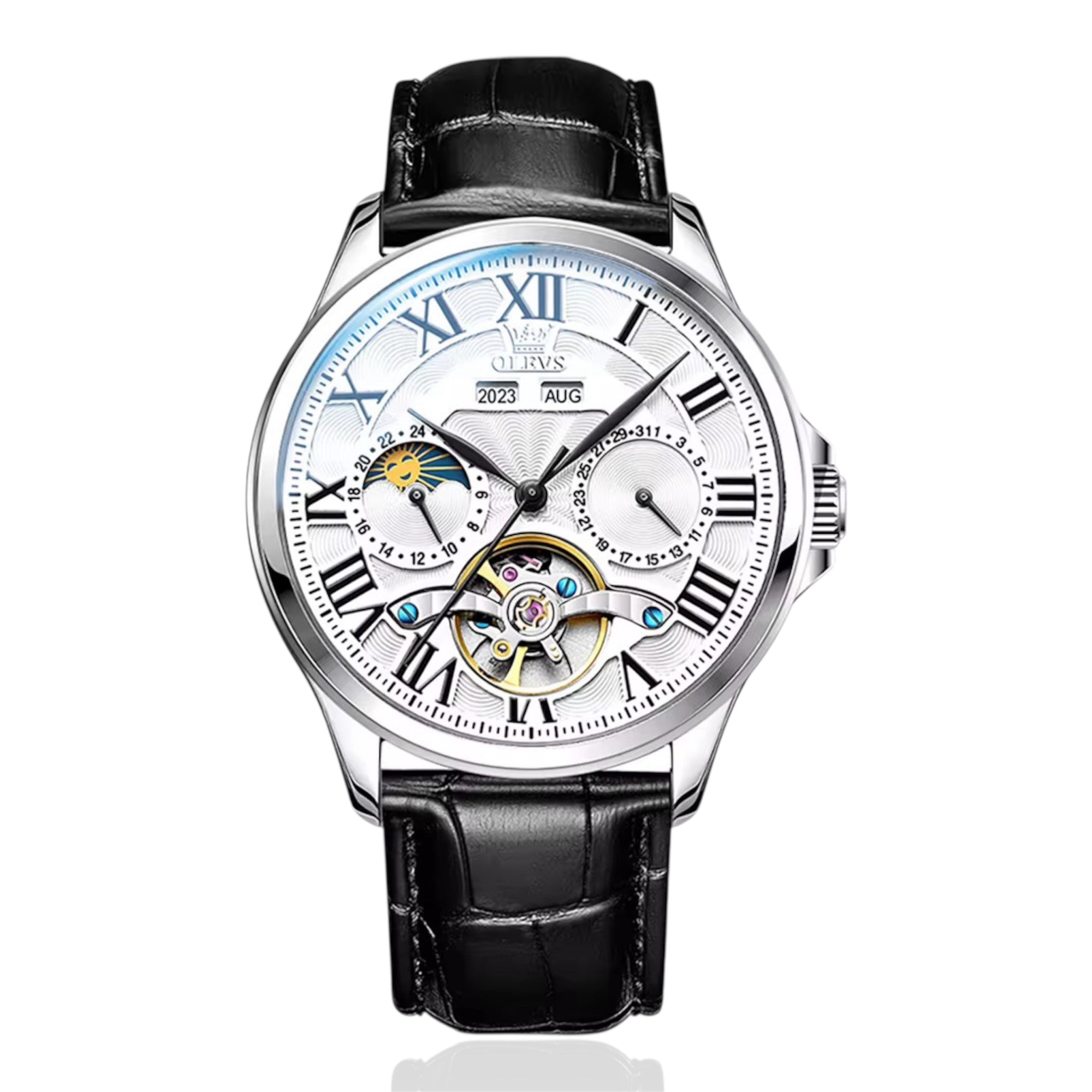 OLEVS 7013 New Moon Phase Mechanical Watch for Men Roman Scale Hollow Flywheel Automatic Watch Men Waterproof Wristwatch - Acquisti Online