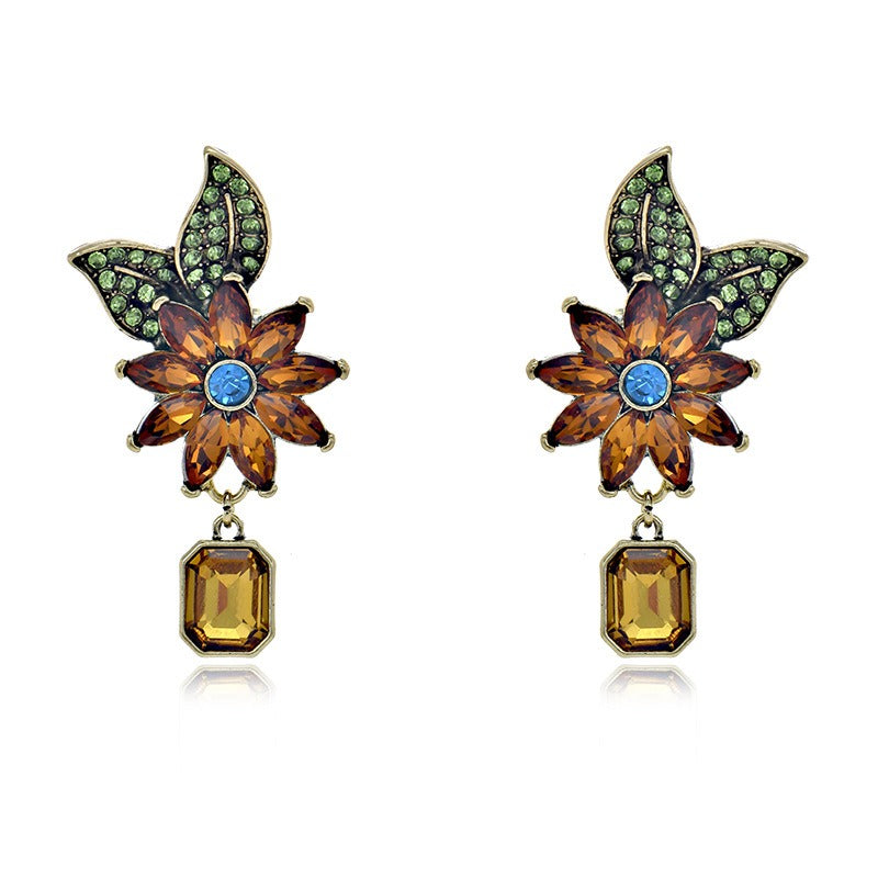 Sunflower full diamond crystal earrings,old antique gold niche design green leaf flower crystal earrings