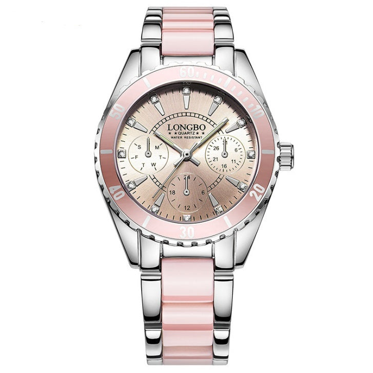 LONGBO Female models three eyes ceramic steel belt watch waterproof luminous quartz ladies watch