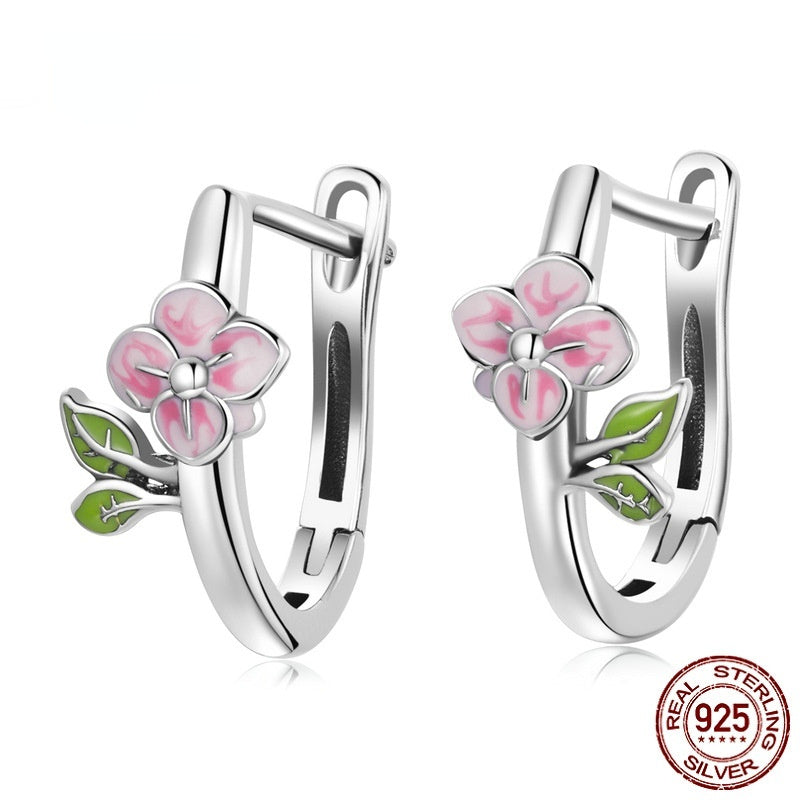 S925 Sterling Silver Spring Cherry Blossom Ear Studs Flower Green Leaf Earrings