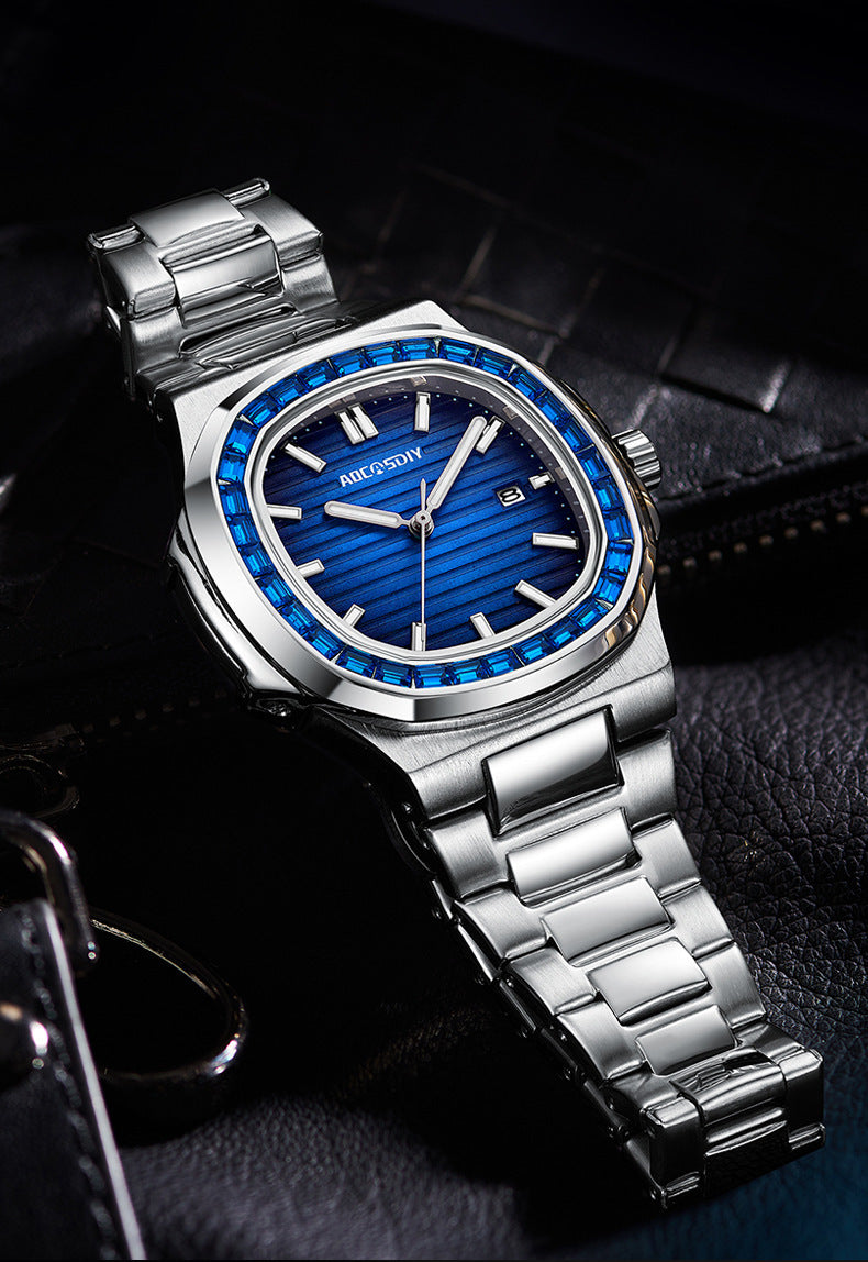 2024 Men's Fashion Diamond Luminous Quartz Watch Waterproof Steel Belt