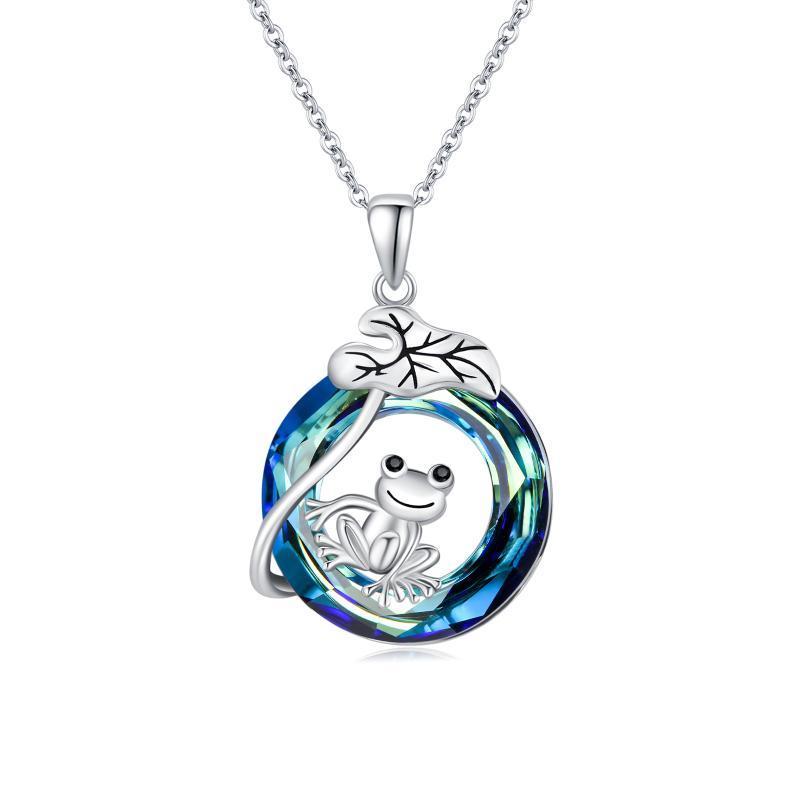 925 Sterling Silver Frog Lotus Leaf Necklace with Circle Crystal Pendant Cute Animal Jewelry