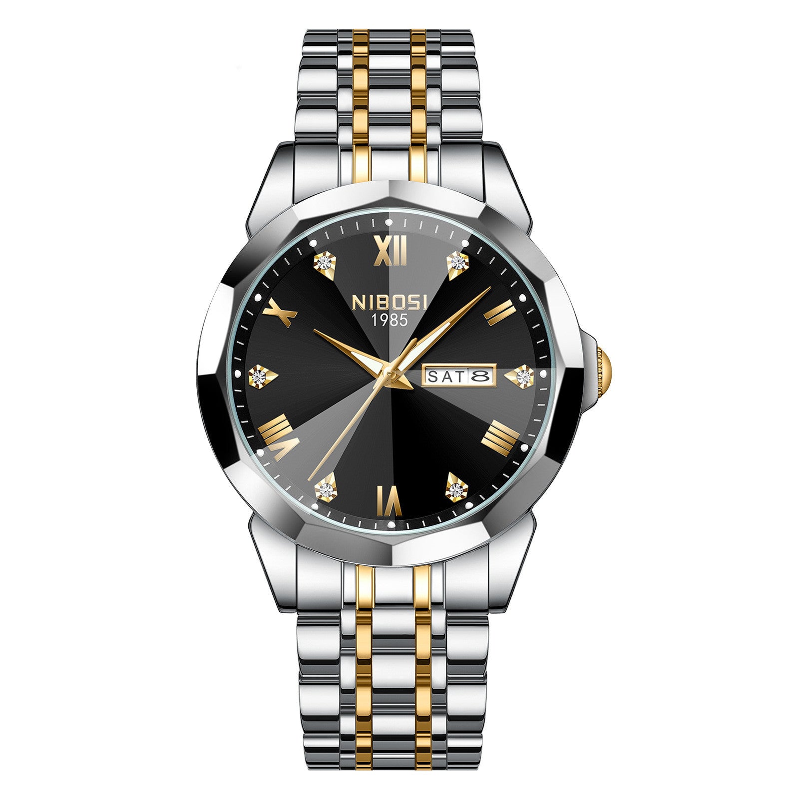 NIBOSI 2623 Orologio di lusso da uomo con specchio a rombo, automatico, data, settimana, impermeabile, orologio da polso luminoso