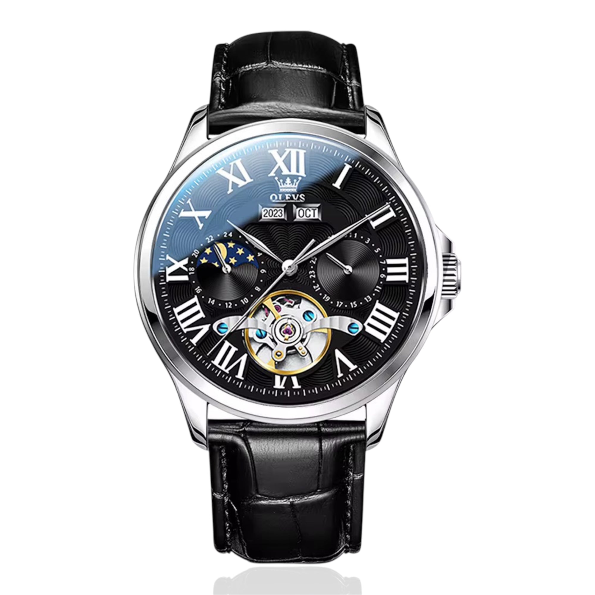 OLEVS 7013 New Moon Phase Mechanical Watch for Men Roman Scale Hollow Flywheel Automatic Watch Men Waterproof Wristwatch - Acquisti Online