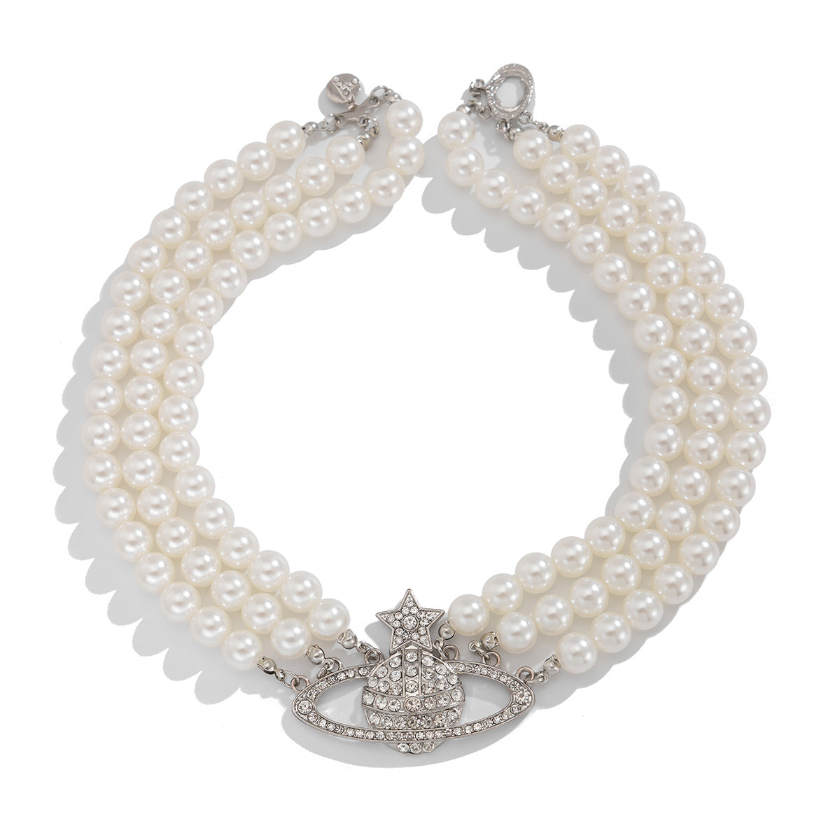 Cold Wind Multi layer Imitation Pearl Clavicle Chain Five pointed Star Inlaid Diamond Alloy Clavicle Chain