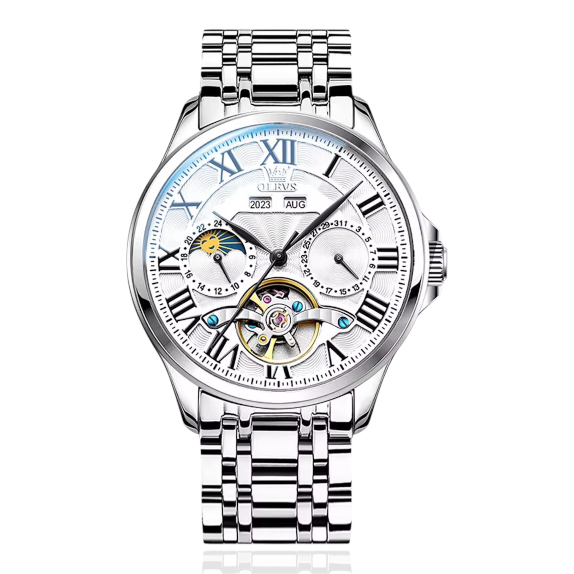OLEVS 7013 New Moon Phase Mechanical Watch for Men Roman Scale Hollow Flywheel Automatic Watch Men Waterproof Wristwatch - Acquisti Online