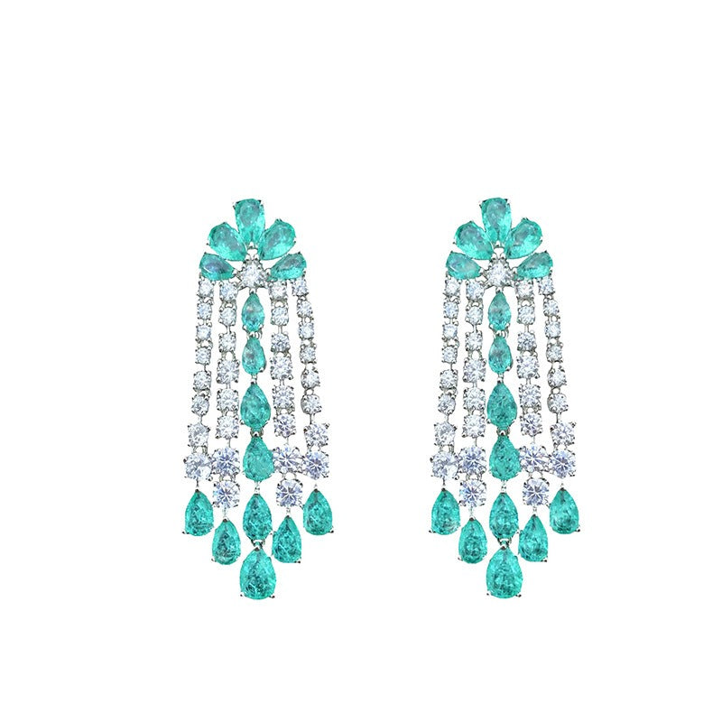 Green diamond flower earrings, elegant long tassel silver needle earrings