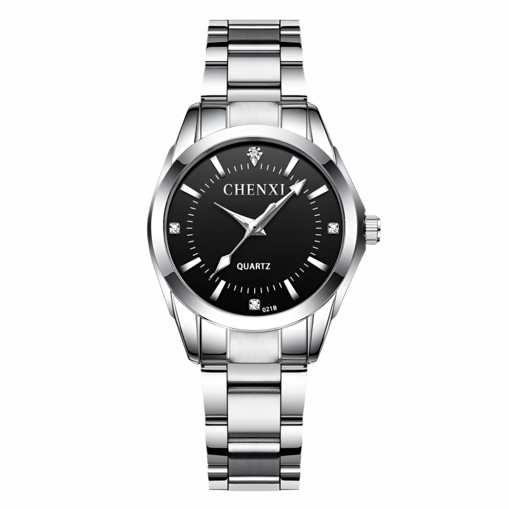 Silver watch with black dial on a white background, featuring the CHENXI brand.
