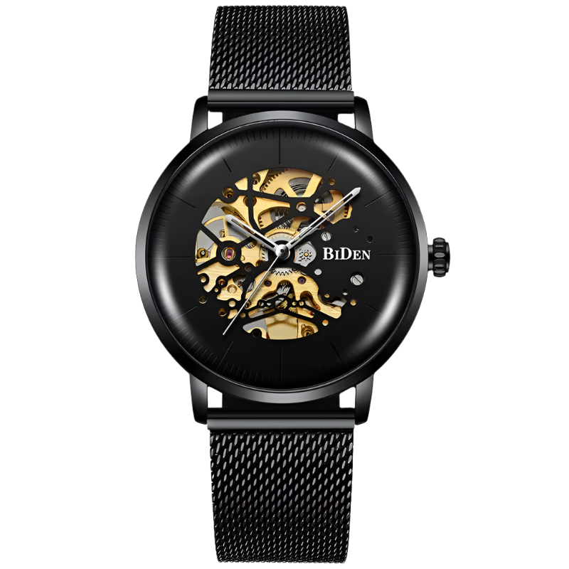 BIDEN 0052 Luxe heren mechanisch horloge 2025 Mesh band holle wijzerplaten decoratie Vintage skelet heren automatisch polshorloge