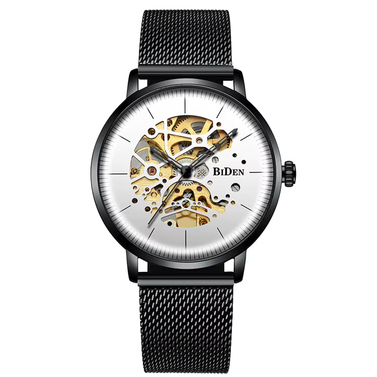 BIDEN 0052 Orologio meccanico di lusso da uomo 2025 con cinturino in maglia metallica, quadranti cavi, decorazione vintage, orologio da polso automatico da uomo