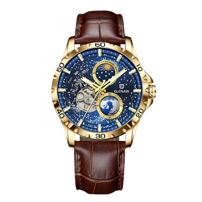 GLENAW Men's WristWatch Men Automatic Mechanical Watch Starry Sky Stainless Steel Leather Band Watch