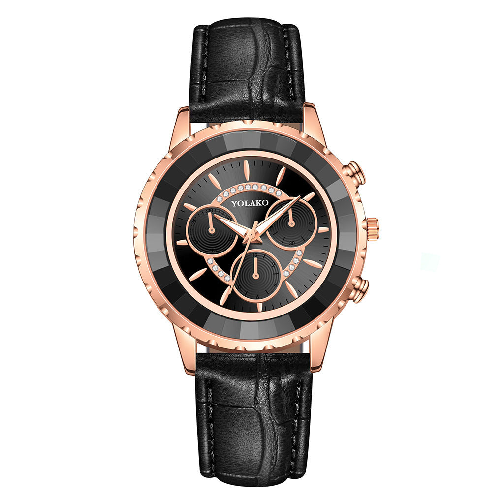 YOLAKO Women's Fashionable High Quality Rhinestone Crafted Ladies Watch Three-Eye Diamond Female Quartz Watch