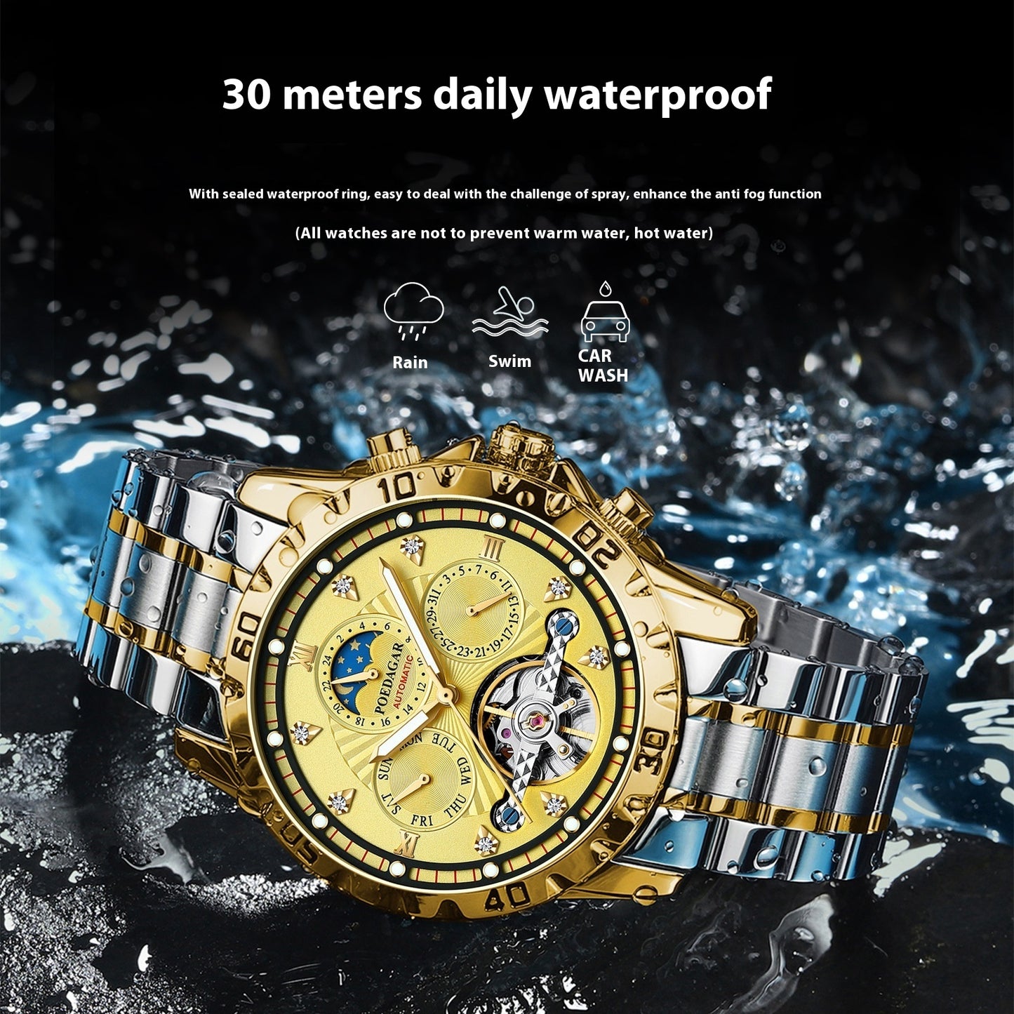 POEDAGAR Luxury Automatic Mechanical Watch Tourbillon Waterproof Luminous Stainless Steel Men's Wristwatch
