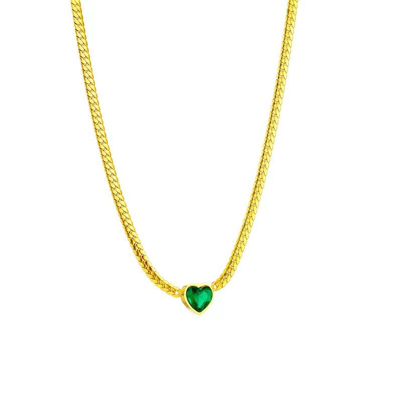 Green Heart Zircon Personality Cuban Link Chain Simple Women's Fashion Necklace