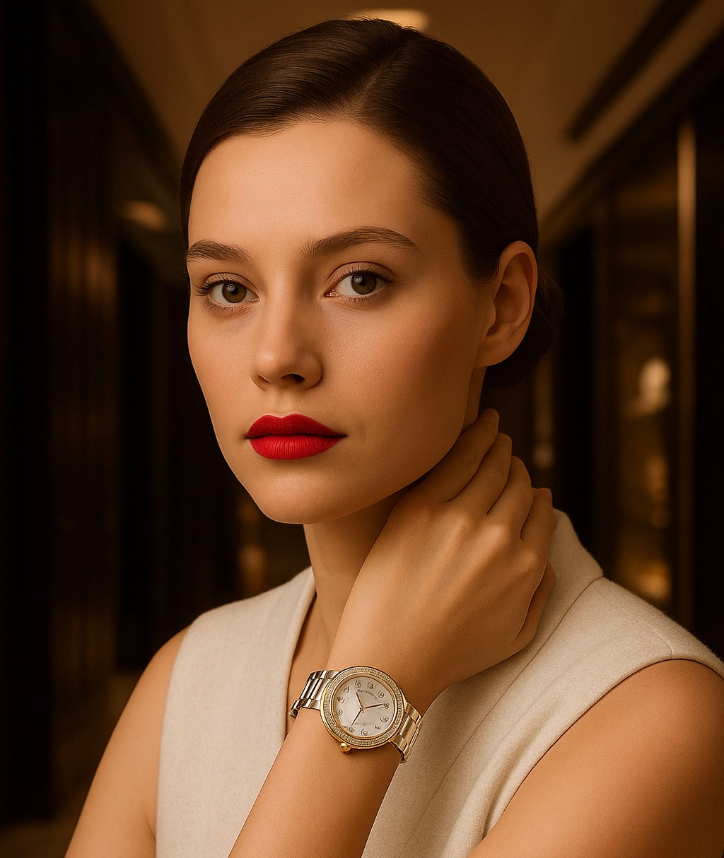 Elegant woman showcasing a stylish watch in a sophisticated setting, highlighting Women's Watches.