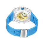 Orologio meccanico automatico da uomo che unisce l'ingegneria di precisione a un design elegante e trasparente. Orologio con cinturino in gomma.