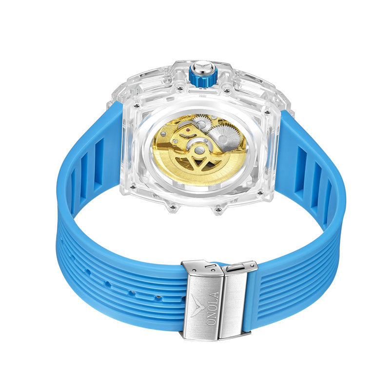 Orologio meccanico automatico da uomo che unisce l'ingegneria di precisione a un design elegante e trasparente. Orologio con cinturino in gomma.