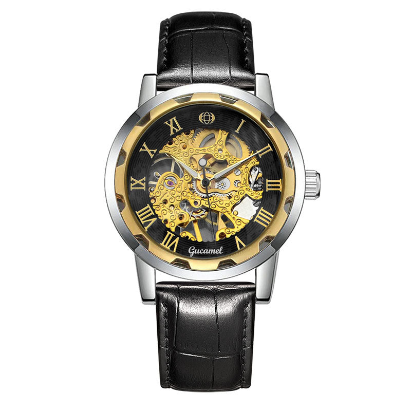Men Mechanical Watch Top Brand Luxury Leather Gucamel Design Hand Winder Wrist Skeleton Watches - Acquisti Online