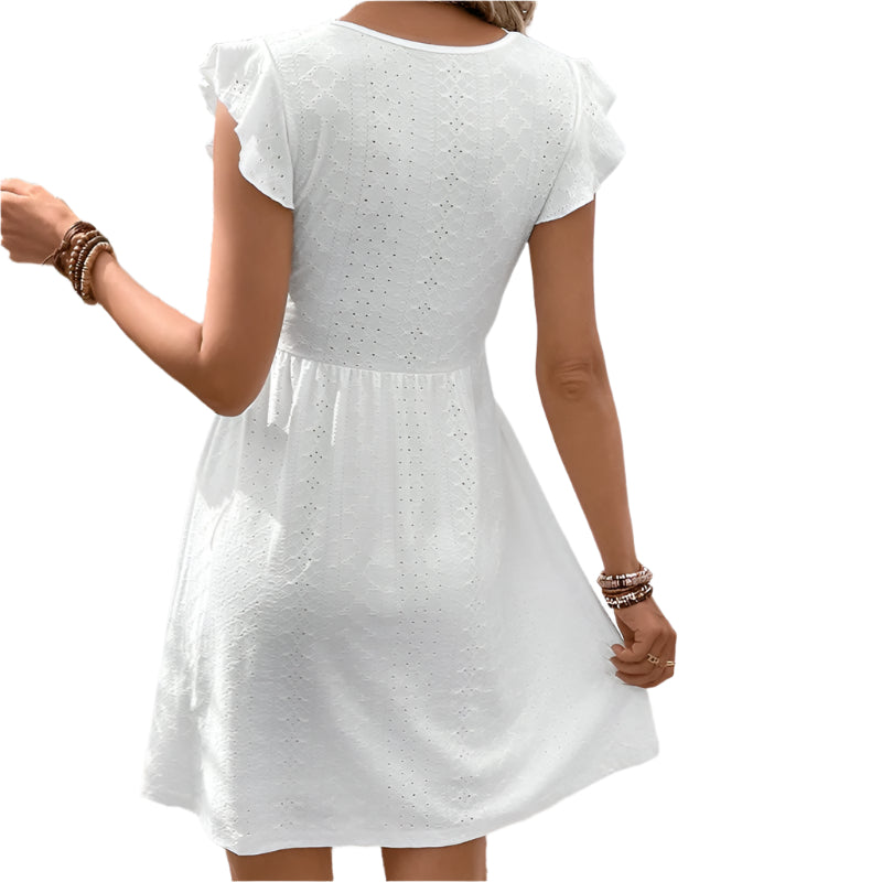 Women's V Neck Lace Mini Dresses Casual Summer Ruffle Sleeve Crochet Sundresses Fashionable Women Short Dress