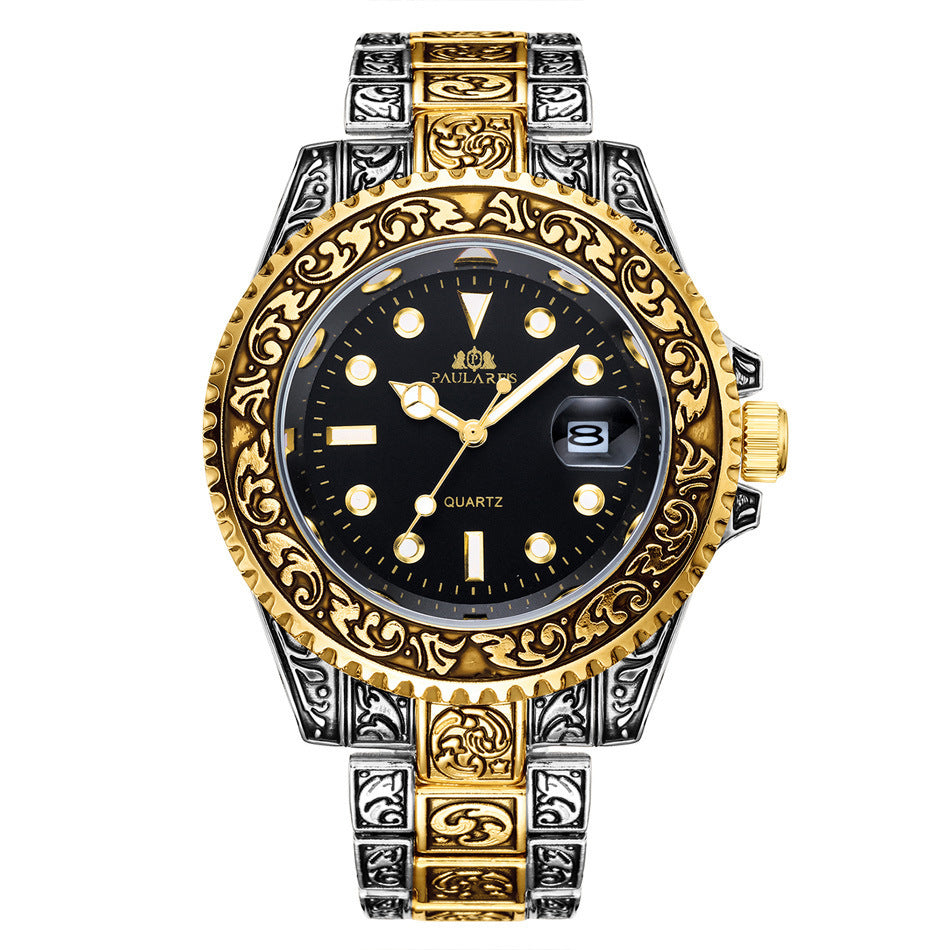 Paulares Men Quartz Movement Watch Carved Water Ghost Calendar Luminous Men's Watch - Acquisti Online