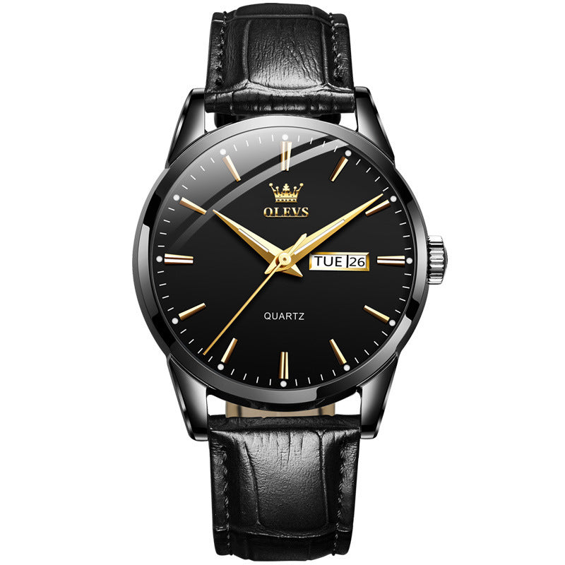 OLEVS Fashionable Men's Quartz Watch Dual Calendar Original Leather Band Waterproof Men Quartz Movement Watch