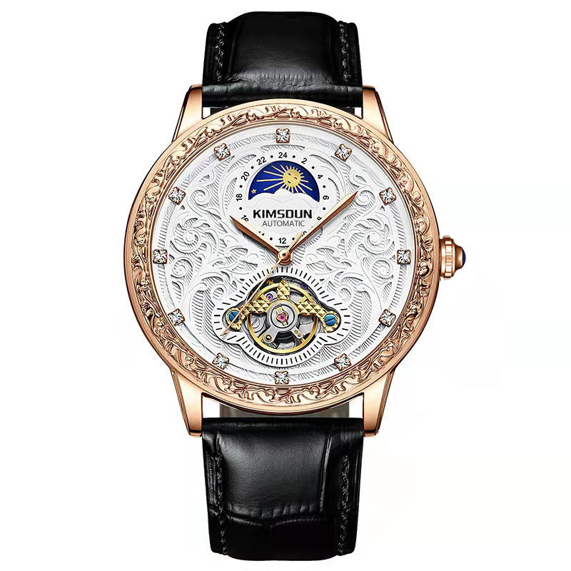 Kimsdun Brand New Men's Watch Carved Moon Phase Quartz Watch High Quality Large Dial Leather Strap Man Wristwatch Tourbillon Mechanical Watch - Acquisti Online