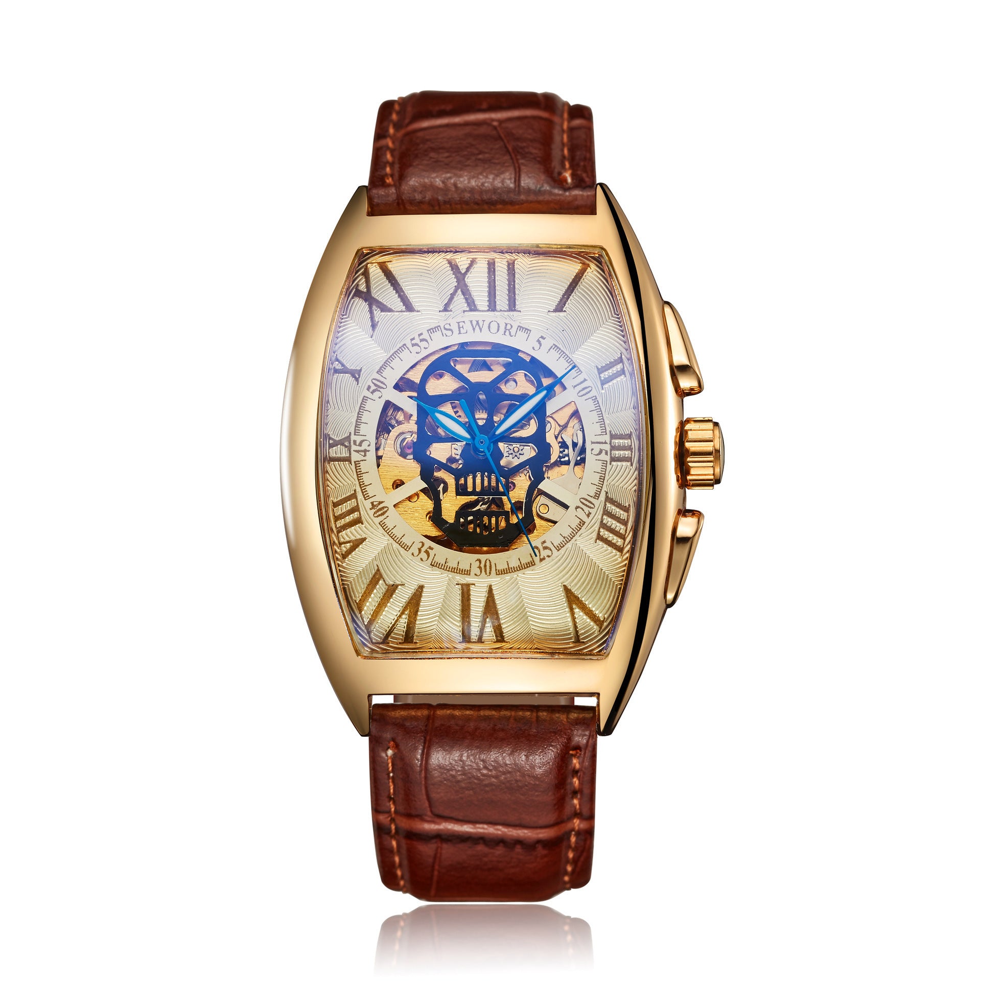 Orologi da uomo di lusso, orologi scheletrati, orologi da polso meccanici automatici da uomo con cinturino in pelle
