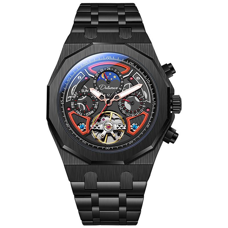 Orologio da polso meccanico automatico con fasi lunari, cinturino in gomma, impermeabile, di lusso, da uomo, con tourbillon.