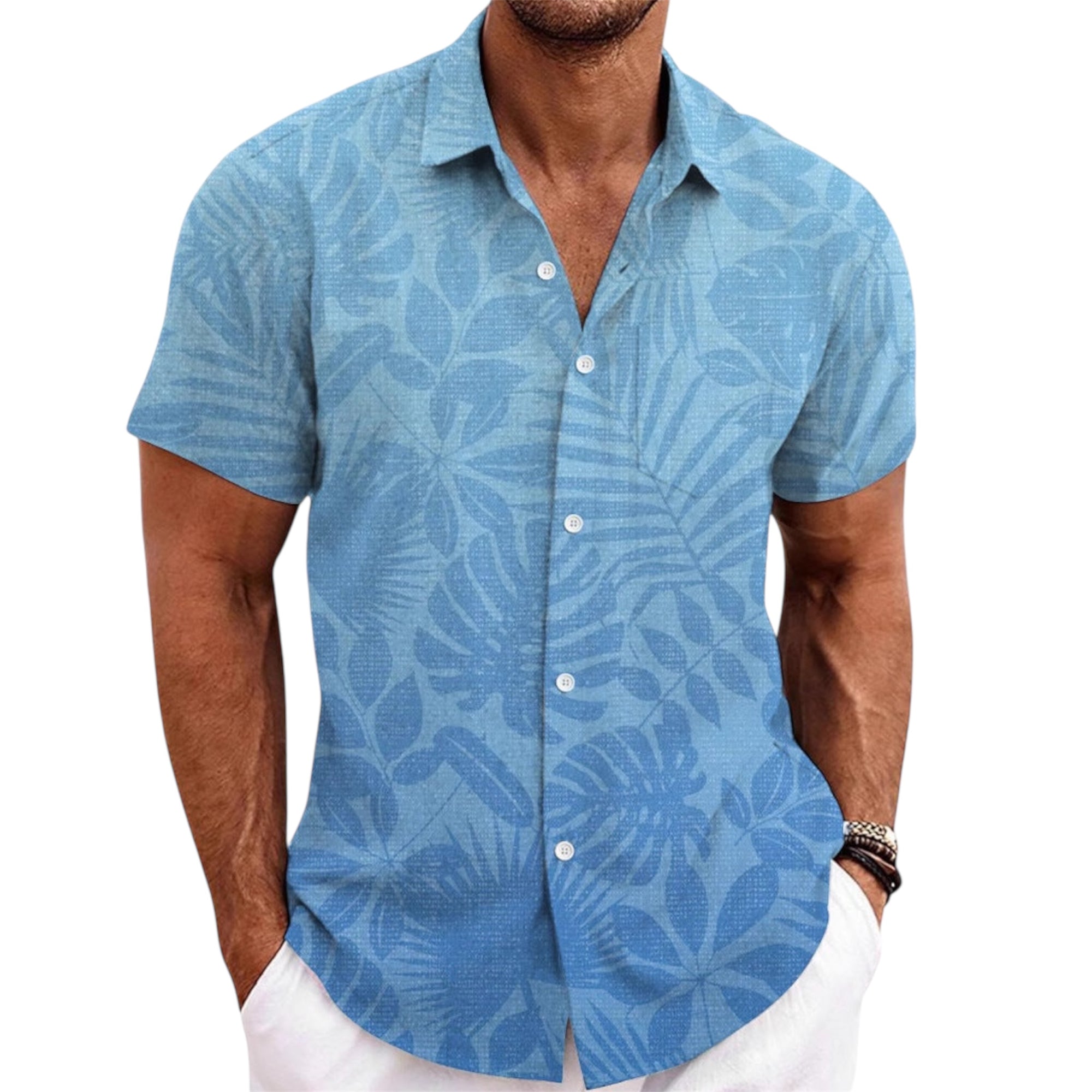 Men's Fashionable Casual Shirt Solid Color Short Sleeve Cardigan Shirt Bamboo Linen Polyester Men's Casual Shirt