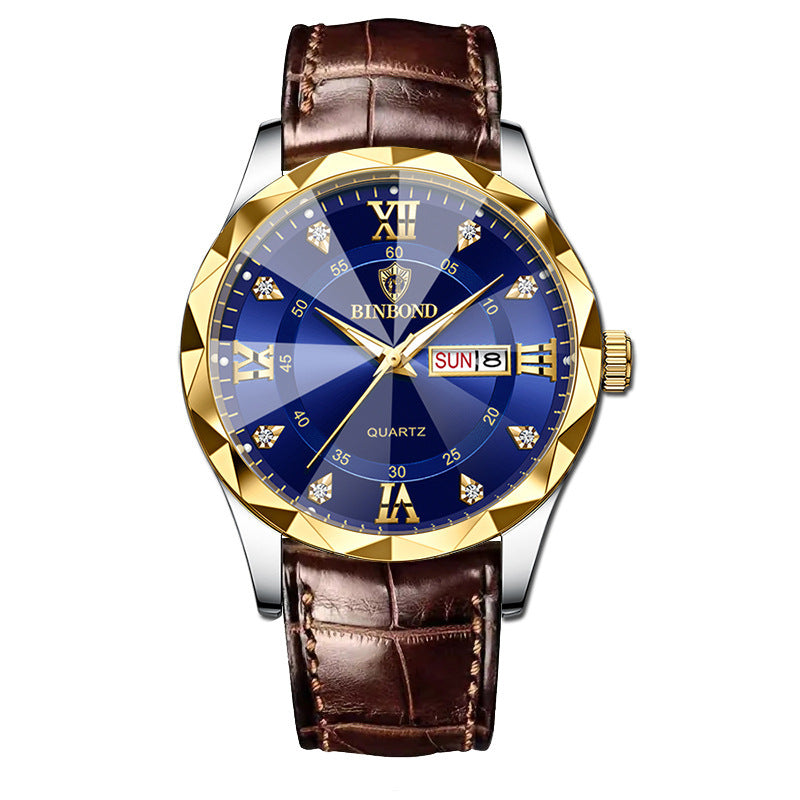 BINBOND Top Brand Luxury Fashion Men's Quartz Watch Waterproof Week Date Watch Men's Sports Watch Stainless Steel Quartz Wristwatch Genuine Leather Men's Waterproof Leisure watch