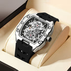 MEGIR 8602 Fashion Orange Men's Automatic Watch Waterproof Luminous Mechanical Wristwatch Hollow Tonneau Dial Silicone Strap