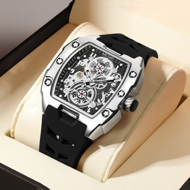 MEGIR 8602 Fashion Orange Men's Automatic Watch Waterproof Luminous Mechanical Wristwatch Hollow Tonneau Dial Silicone Strap