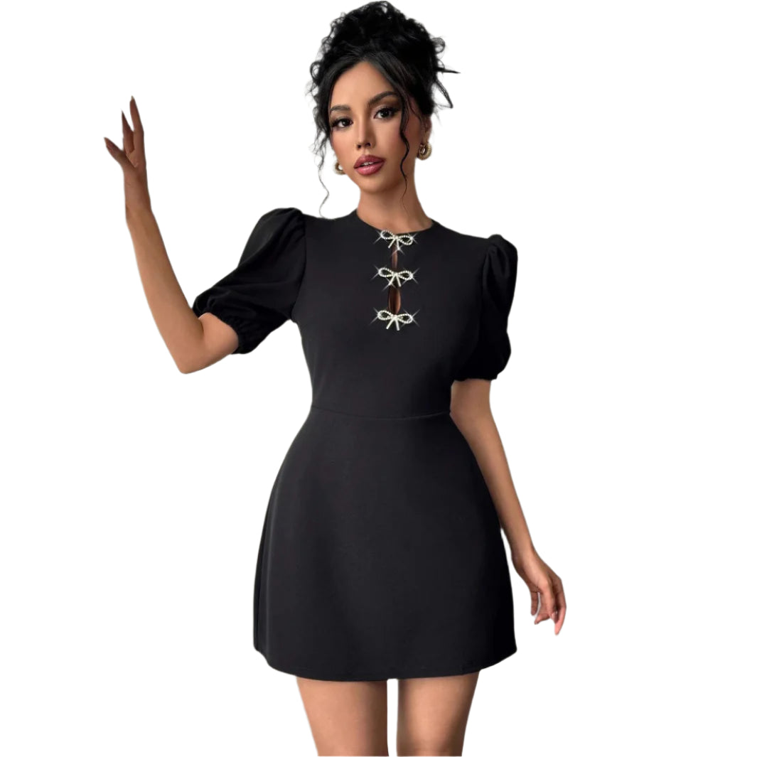 Women's Fashionable Round Neck Hollow Crystal Puff Sleeve Waist-tight  Women Dress Short Sleeve Women's Dress