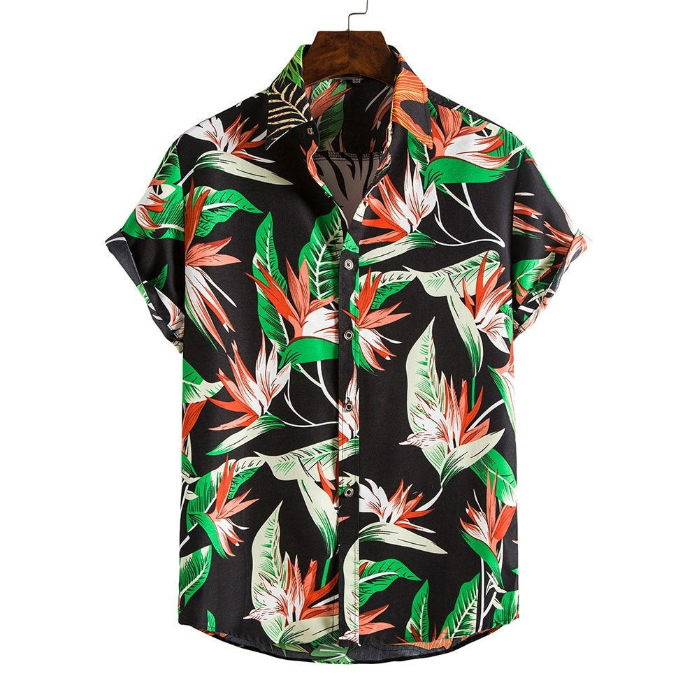 Men's Fashionable Casual Shirt Stripes/Tree Printed Short Sleeve Turn-down Collar Slim Hawaiian Men's Casual Shirt