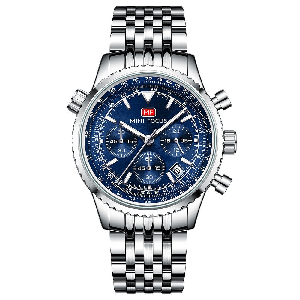MINI FOCUS Men Multifunction Chronograph Calendar Luminous Business Quartz Watch
