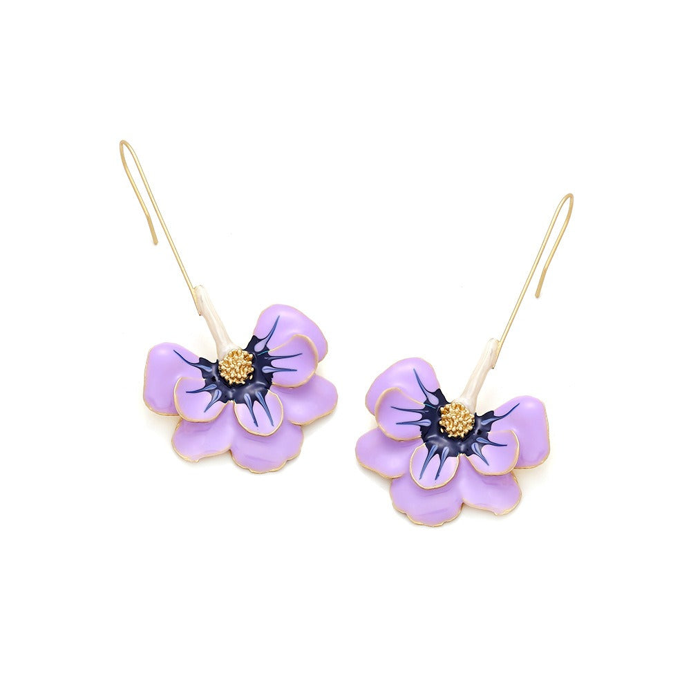 Purple Oil Dropping Flower Earrings Exaggerate Long Alloy Flower Earhooks