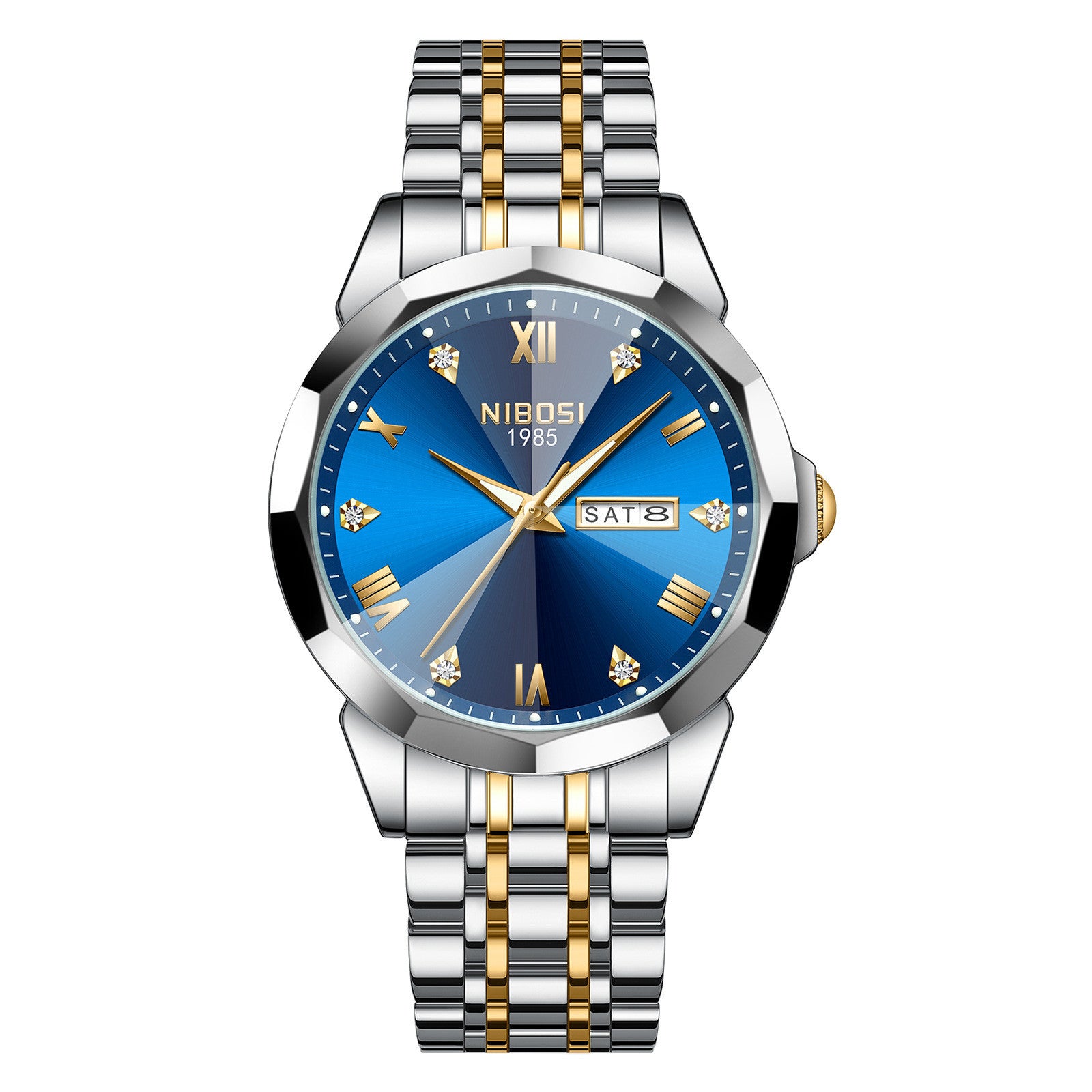 NIBOSI 2623 Orologio di lusso da uomo con specchio a rombo, automatico, data, settimana, impermeabile, orologio da polso luminoso