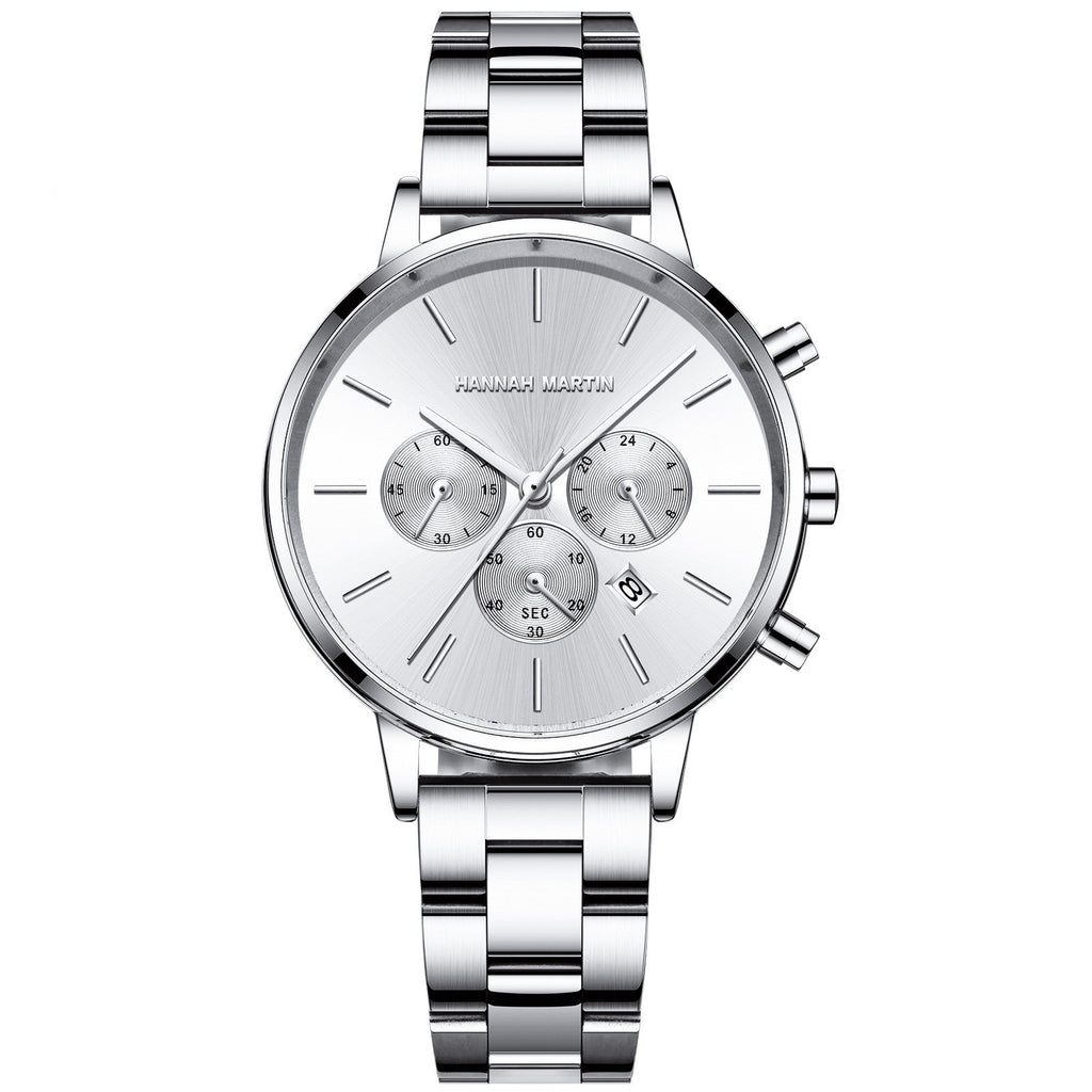 Hannah Martin Women Quartz Watch Three Eye Six Needle Chronograph Calendar Quartz Watch Waterproof Women Quartz Watch