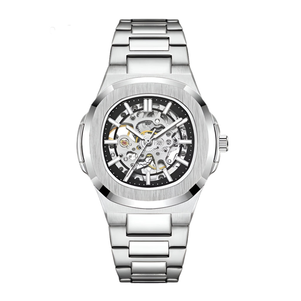Steampunk Hollow Skeleton Automatic Mechanical Watch Men Blue Ribbon Full Steel Waterproof Wristwatches Male Mechanism Watch