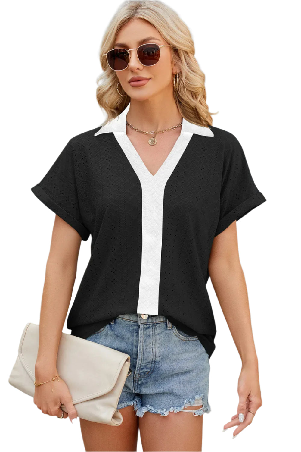 V-hals contrasterende korte mouwen losse T-shirt top voor dames