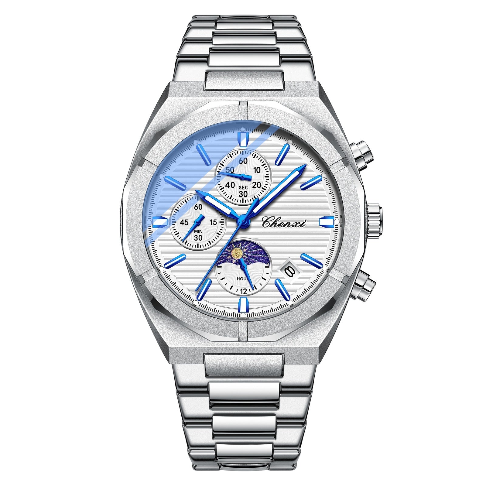 CHENXI 962 Orologio da uomo al quarzo con cinturino in acciaio inossidabile, cronografo di lusso, luminoso, impermeabile, con data
