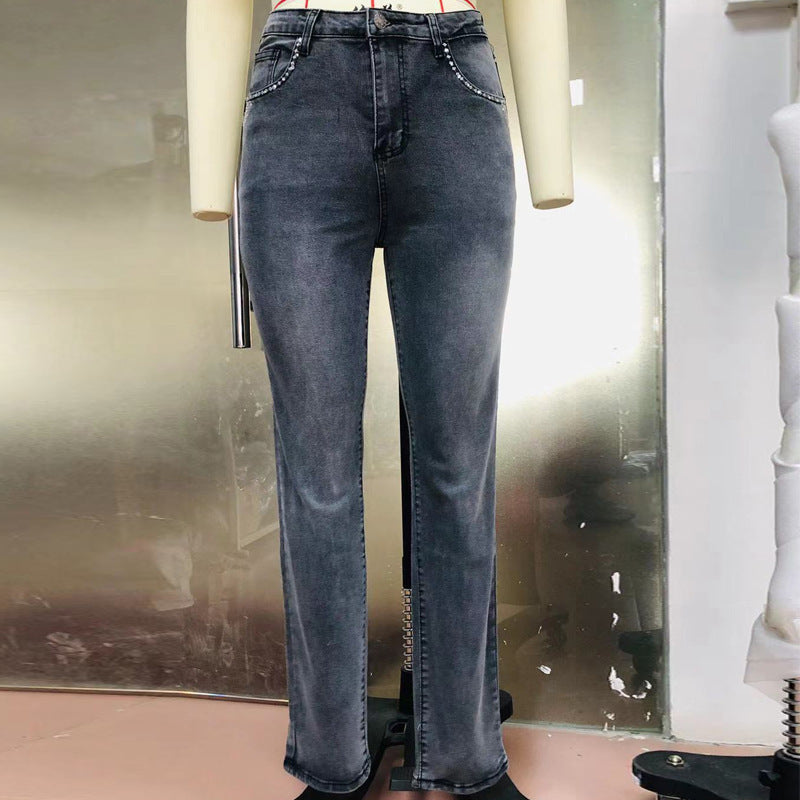 European And American Hot Pants Rhinestone Elastic Slim Fit Slimming Skinny Denim Trousers - Acquisti Online